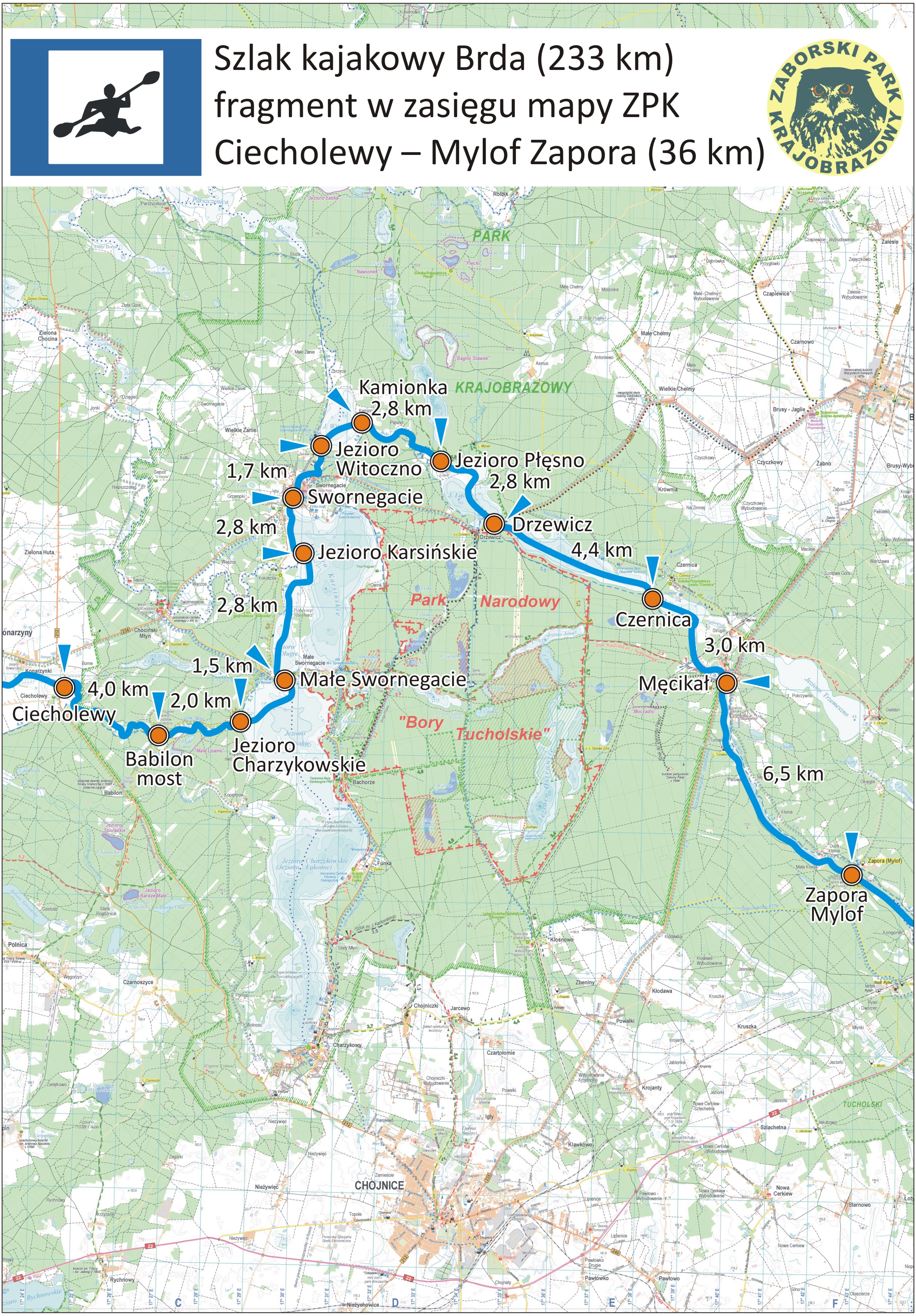 Mapa szlaku kajakowego Brda