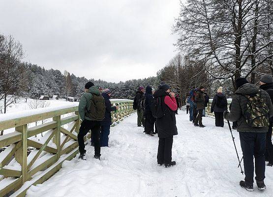 Drewniany most na rzece. Zimowy krajobraz. Na moście, grupa ludzi odpoczywających na postoju w czasie spaceru.