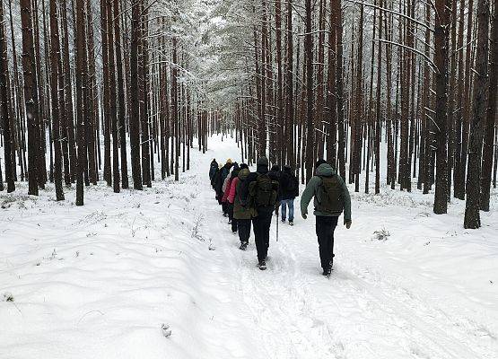 Widok od tyłu na idącą przez zaśnieżony las grupę ludzi.