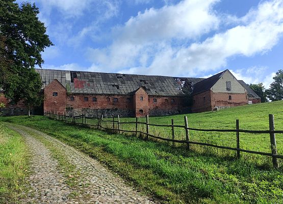 Przestrzeń, która łączy – spacer przez historię i krajobraz Widok na zabytkowy folwark z czerwonej cegły, na pierwszym planie łąka z pasącymi się zwierzętami.