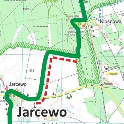 Mapa z zaznaczonym zmienionym fragmentem szlaku turystycznego.