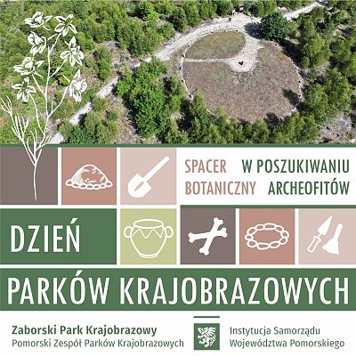 Ikona promująca wydarzenie. W górnej części zdjęcie kurhanu, w dolnej grafiki związane z archeologią: szpadel, kości, kurhan i wieniec kamienny.