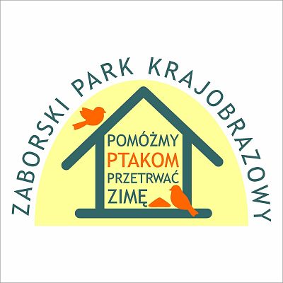 Logotyp wydarzenia. Graficzne przedstawienie zielonego karmnika na żółtym tle. W karmniku napis „Pomóżmy ptakom przetrwać zimę” oraz pomarańczowe sylwetki dwóch ptaków.