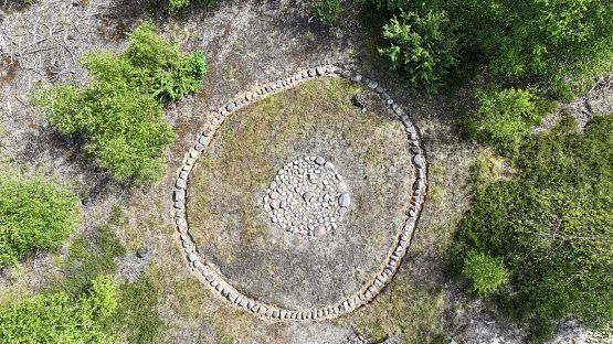 Wieniec kamienny (fot. Mariusz Grzempa) Fotografia wykonana z góry. Kamienie polne ułożone w formie okręgu. W środku wieńca bruk kamienny.